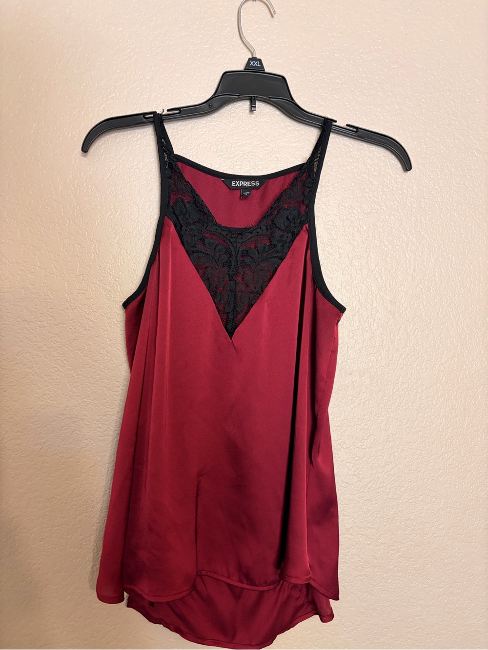 Express Burgundy Satin Camisole with Black Lace V-Neck